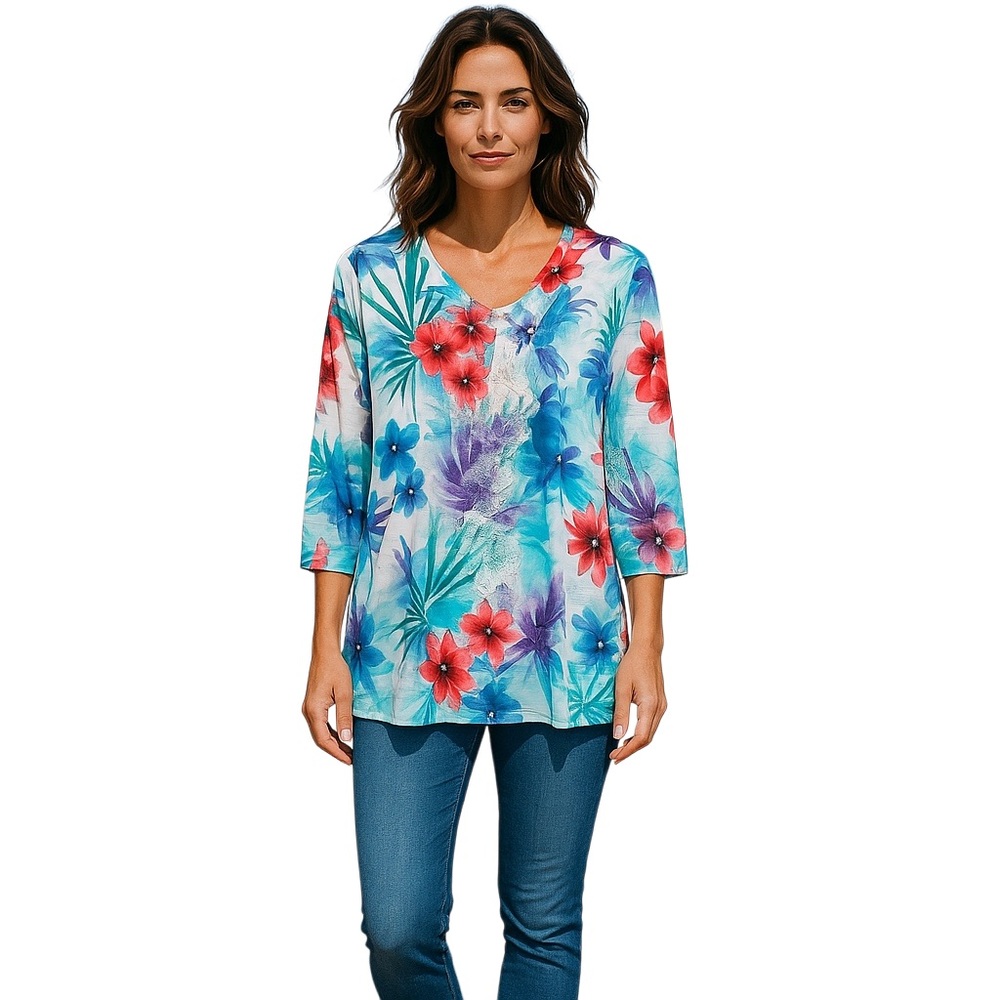 Alfred Dunner Women's Tropical Birds Square Neck Blouse Petites M Multicolor